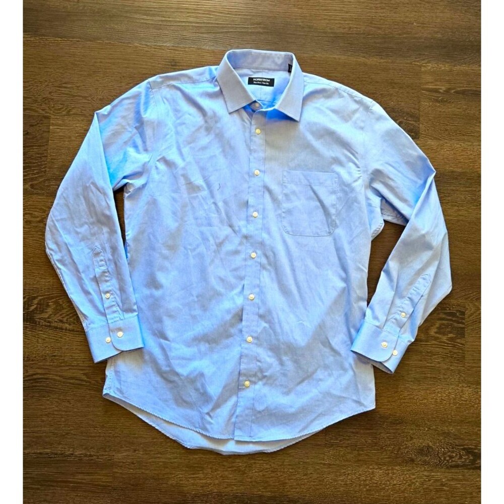 Nordstrom Dress Shirt Blue Solid Trim Fit Cotton 16.5 34/35 Pockets